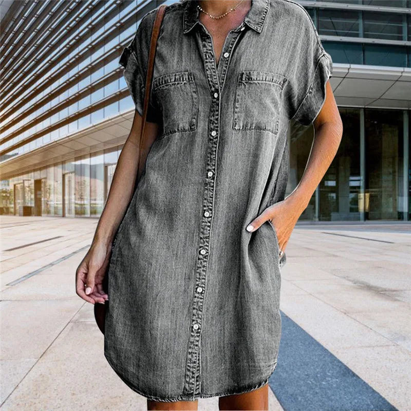 Short Sleeve Denim Shirt Tunic Dress with Pockets