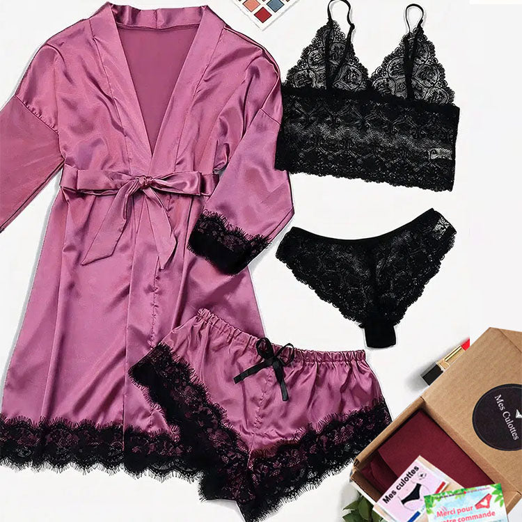 Ensemble lingerie sexy de nuit en Satin de Soie et Dentelle
