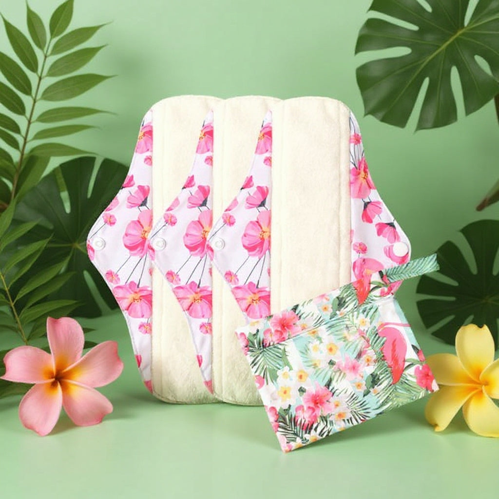 Lot de 3 Serviettes Hygiéniques Réutilisables en Coton Bio pour Flux Abondant