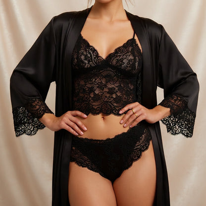 Ensemble lingerie sexy de nuit en satin de soie et dentelle