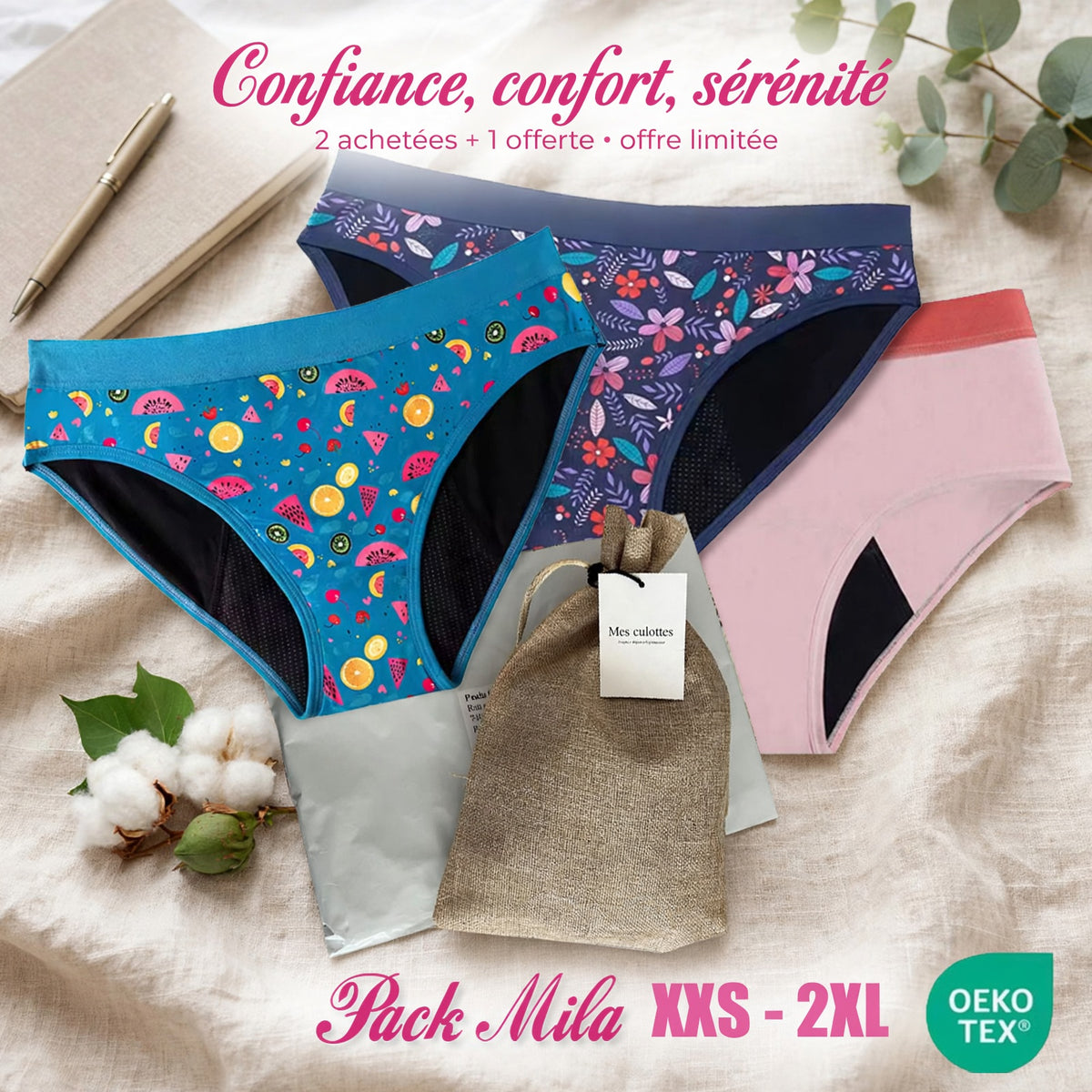 Pack MILA – 3 Culottes Menstruelles en Coton pour Adolescentes & Femmes
