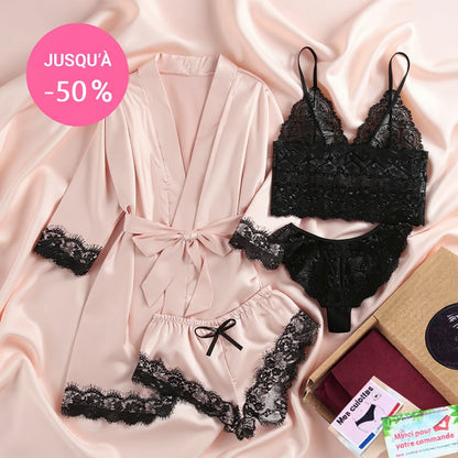 Ensemble lingerie sexy de nuit en satin de soie et dentelle