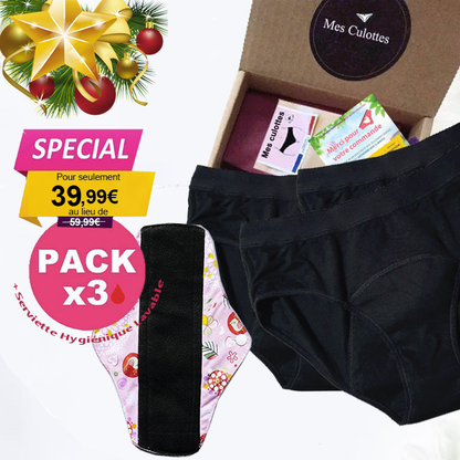 Pack de 3 Culottes Menstruelles et une serviette hygiénique lavable en coton